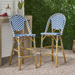 Streamdale Navy Blue/White Rattan Barstools (Set of 2)