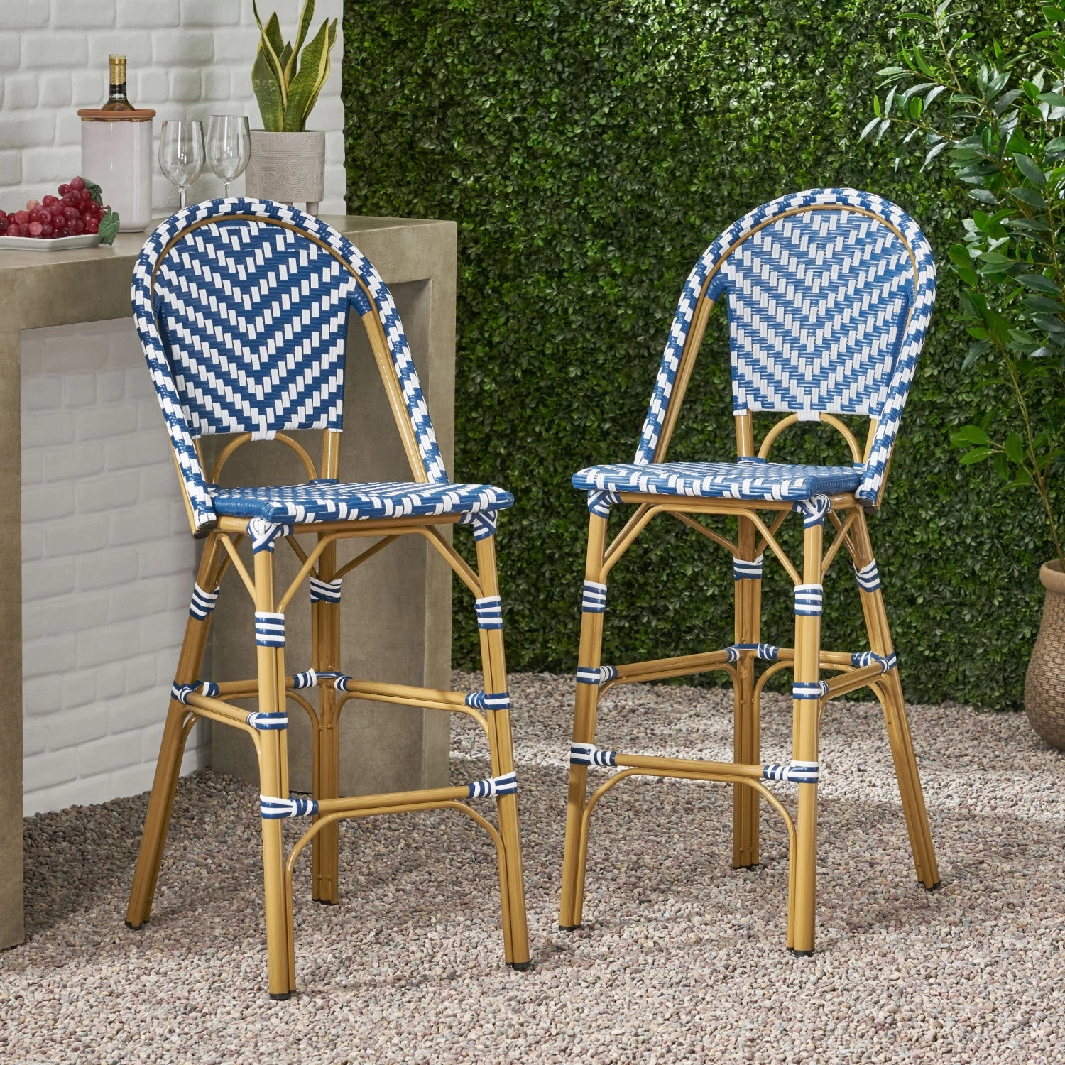 Streamdale Navy Blue/White Rattan Barstools (Set of 2)