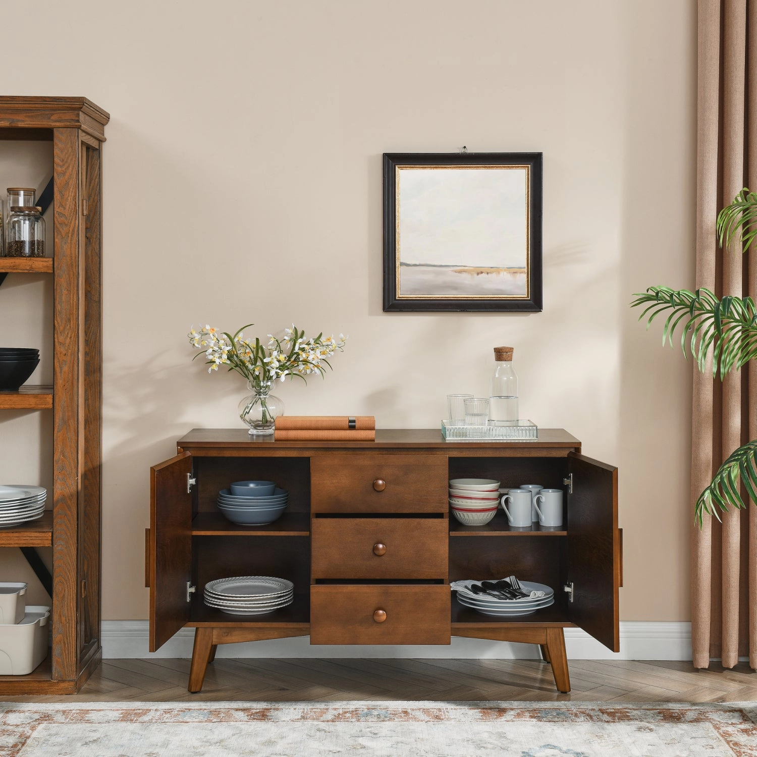 Streamdale Walnut Sideboard Buffet Cabinet - Mid Century Modern