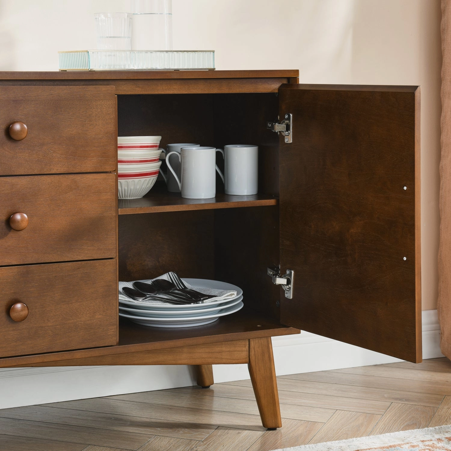 Streamdale Walnut Sideboard Buffet Cabinet - Mid Century Modern