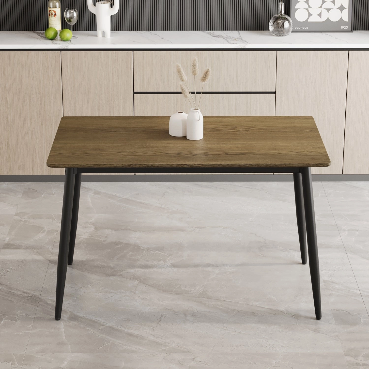 Streamdale Walnut Wood Grain Dining Set - 4 Piece, Black Metal Legs